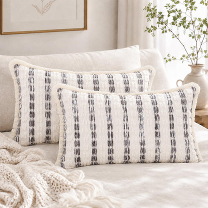 Striped Chenille Pillow Covers with Fringe - Grey