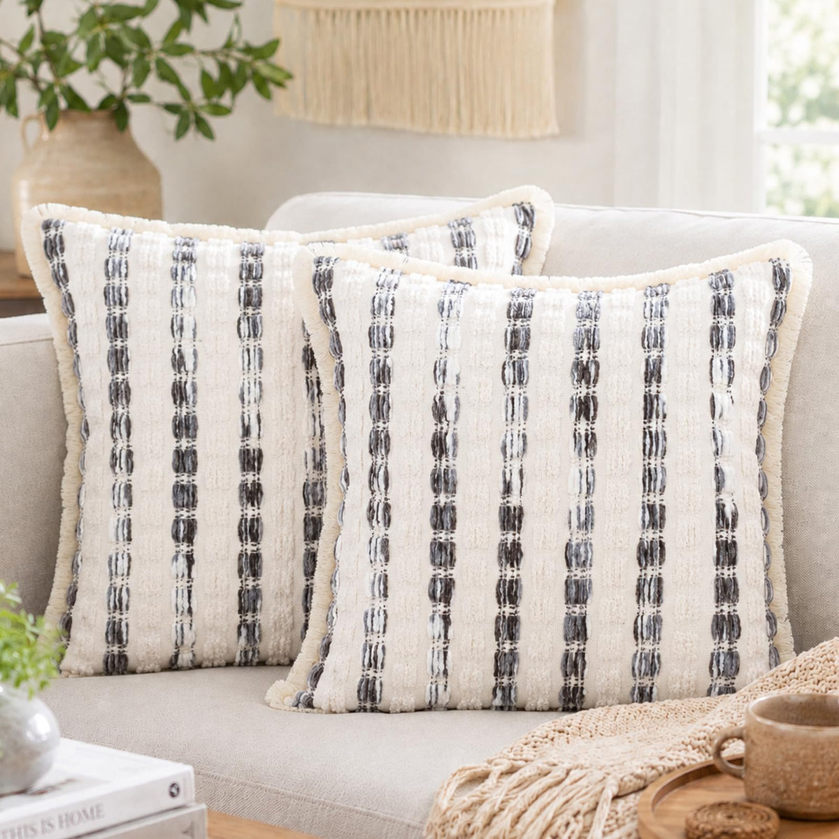 Striped Chenille Pillow Covers with Fringe - Grey