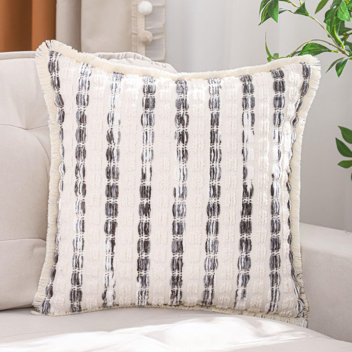 Striped Chenille Pillow Covers with Fringe - Grey
