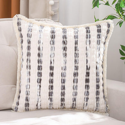 Striped Chenille Pillow Covers with Fringe - Grey