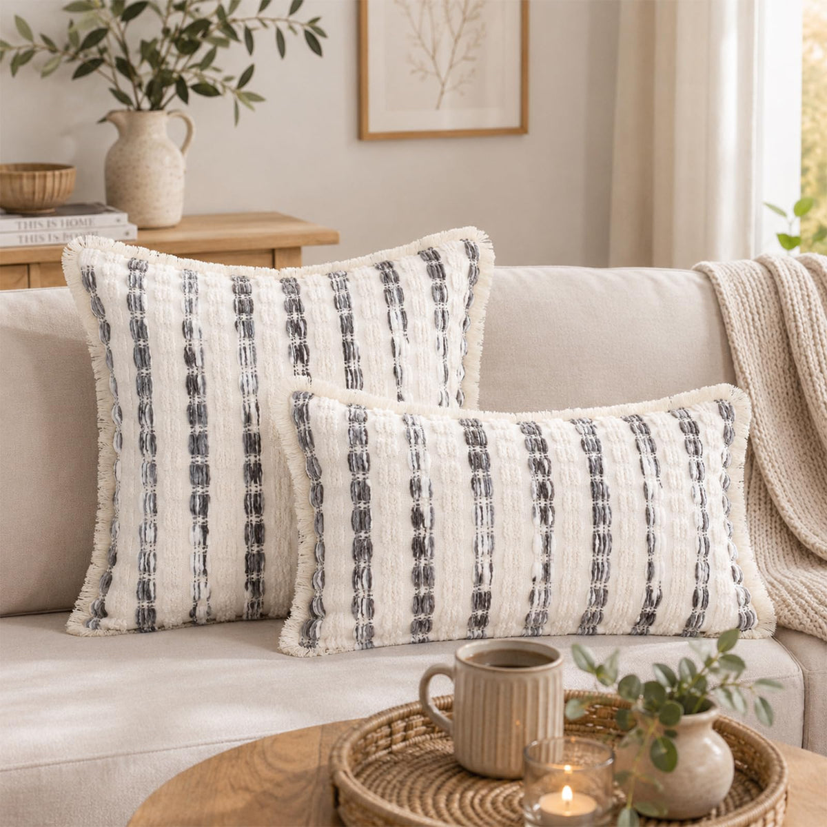 Striped Chenille Pillow Covers with Fringe - Grey