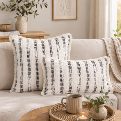 Striped Chenille Pillow Covers with Fringe - Grey
