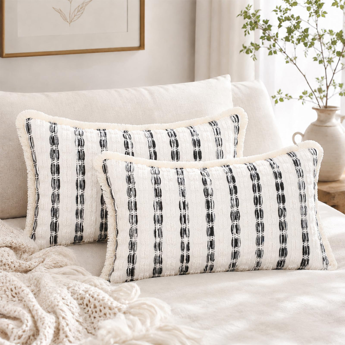 Striped Chenille Pillow Covers with Fringe - Black