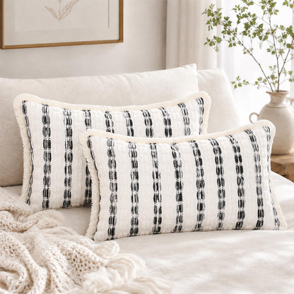 Striped Chenille Pillow Covers with Fringe - Black
