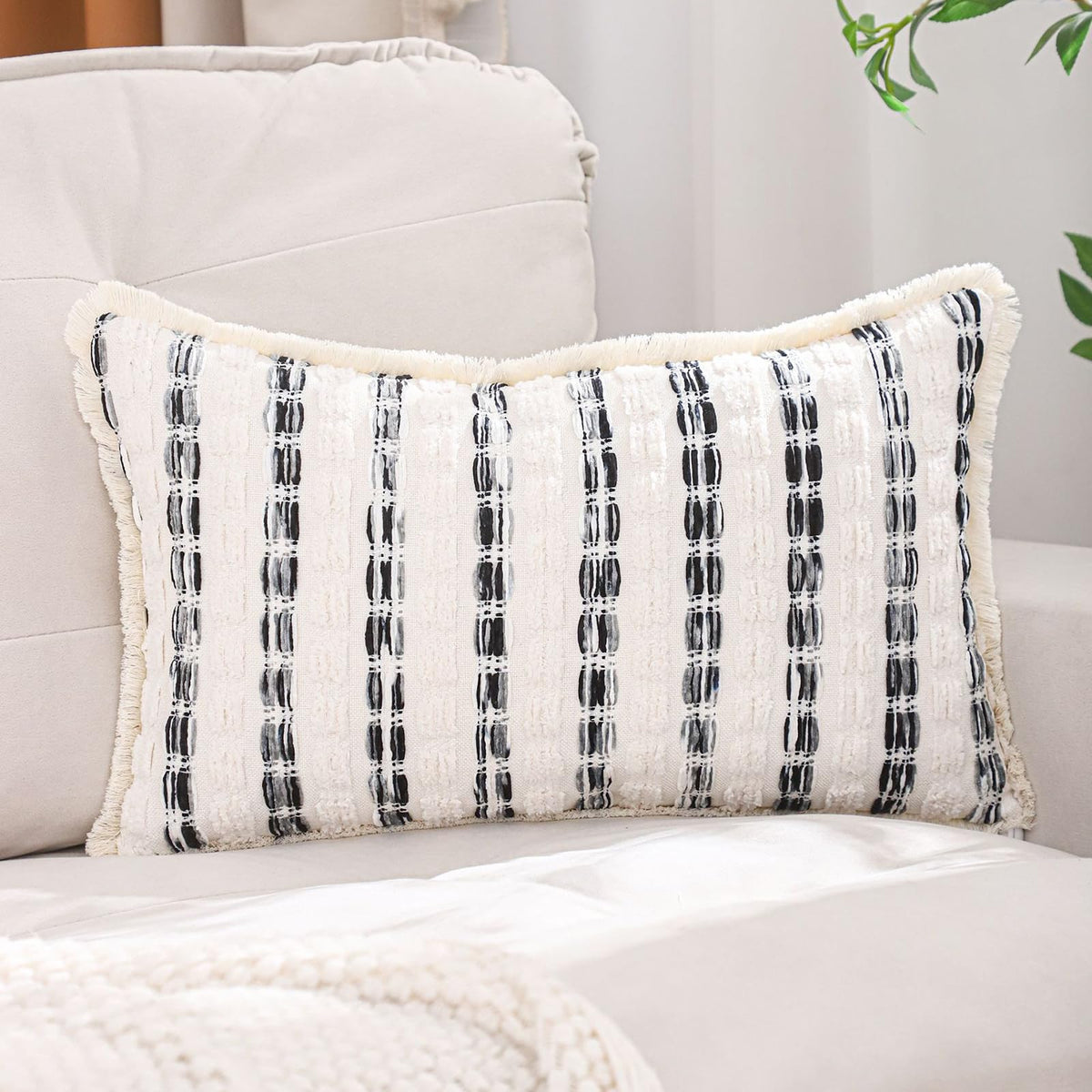 Striped Chenille Pillow Covers with Fringe - Black