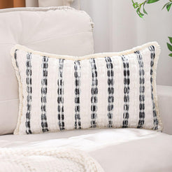 Striped Chenille Pillow Covers with Fringe - Black