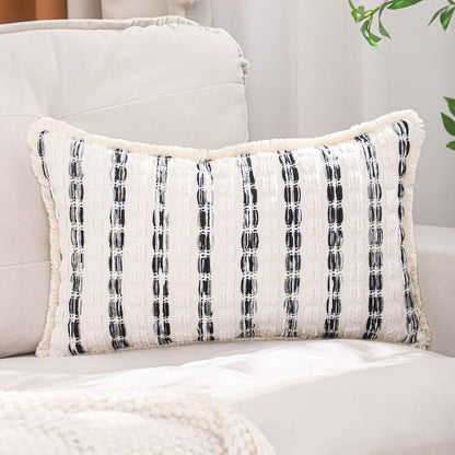 Striped Chenille Pillow Covers with Fringe - Black