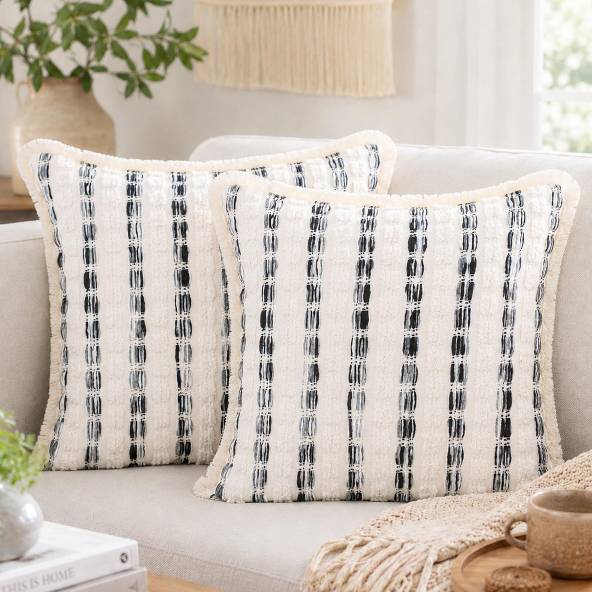 Striped Chenille Pillow Covers with Fringe - Black