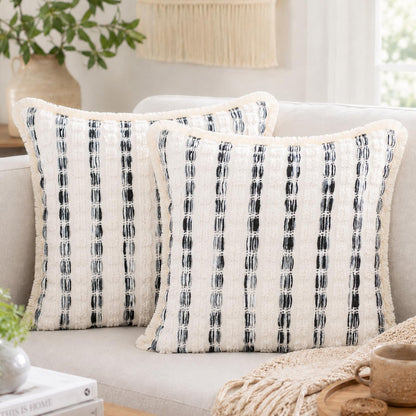Striped Chenille Pillow Covers with Fringe - Black