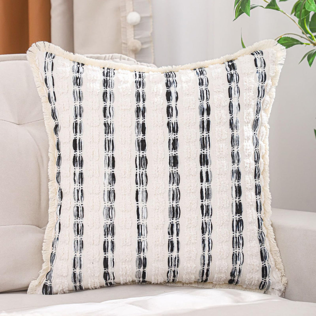 Striped Chenille Pillow Covers with Fringe - Black