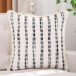 Striped Chenille Pillow Covers with Fringe - Black