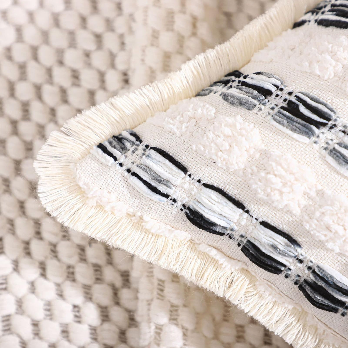 Striped Chenille Pillow Covers with Fringe - Black