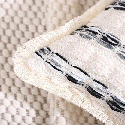 Striped Chenille Pillow Covers with Fringe - Black