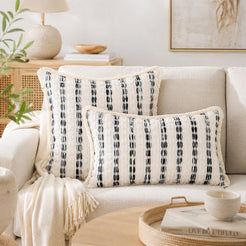 Striped Chenille Pillow Covers with Fringe - Black