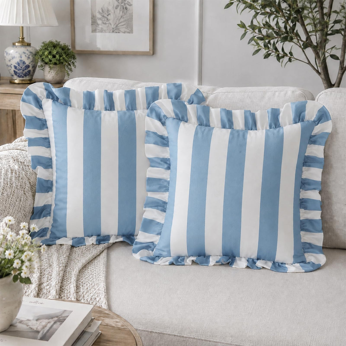 Ruffled Striped Velvet Pillow Covers - Light Blue and White