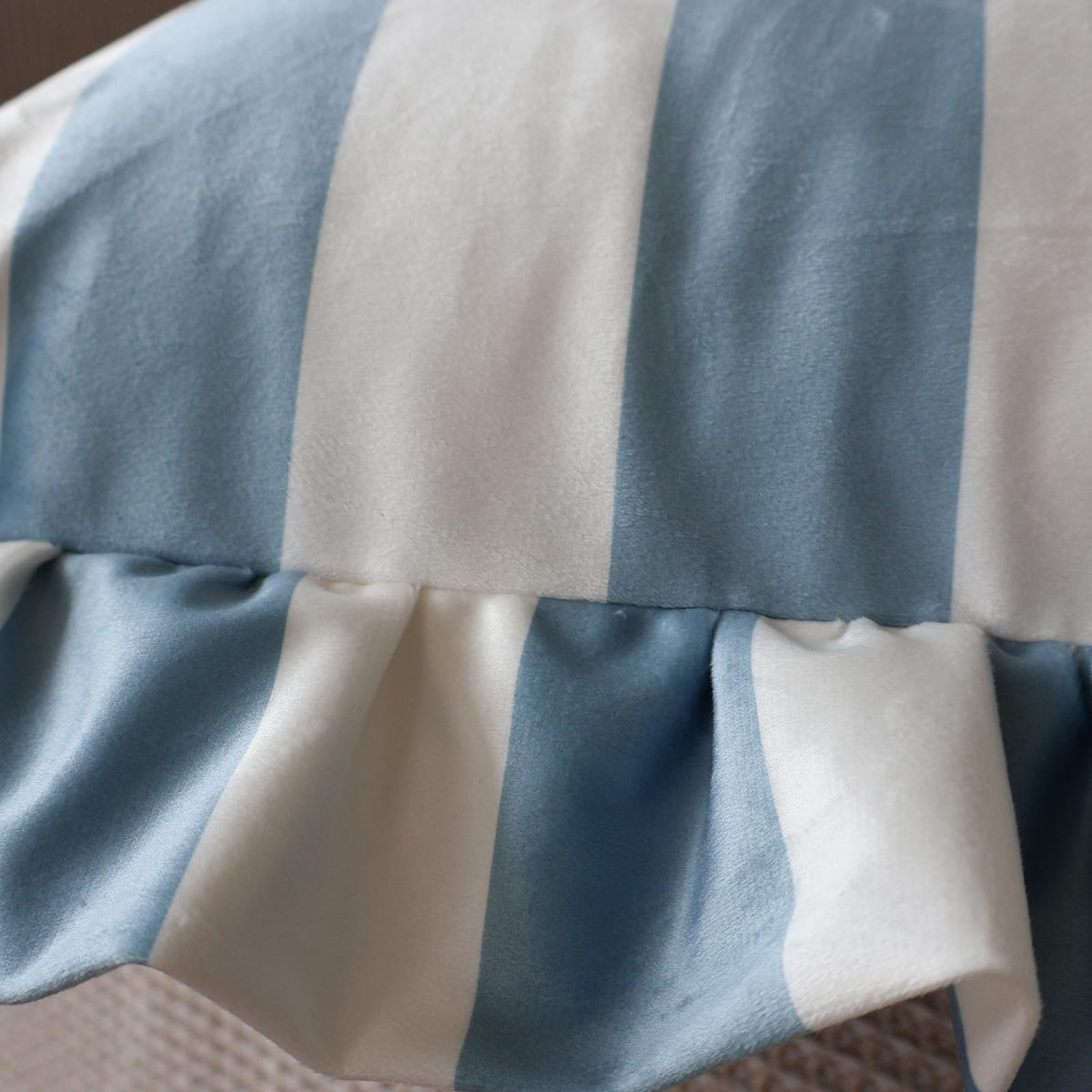 Ruffled Striped Velvet Pillow Covers - Light Blue and White