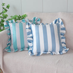Ruffled Striped Velvet Pillow Covers - Light Blue and White