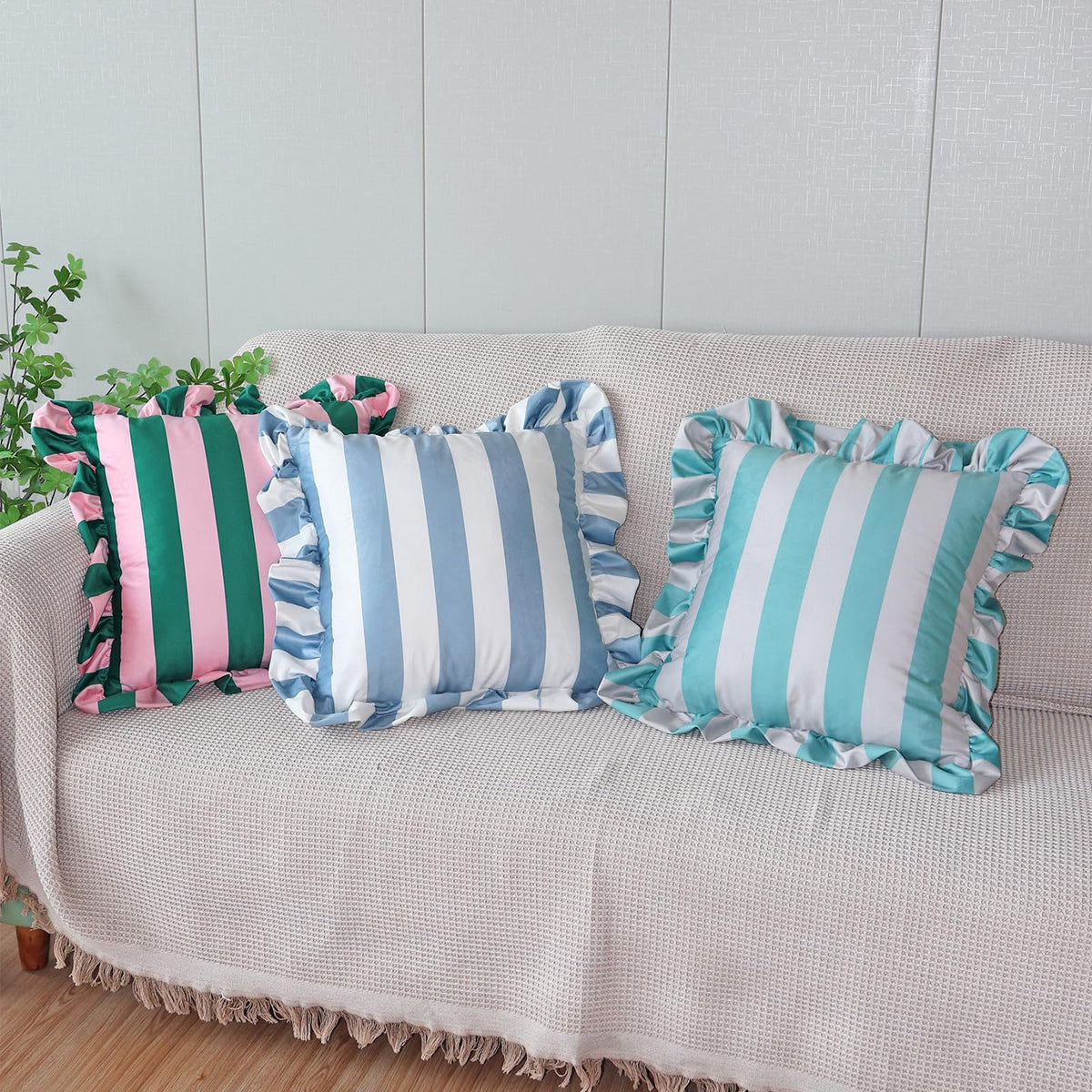 Ruffled Striped Velvet Pillow Covers - Light Blue and White