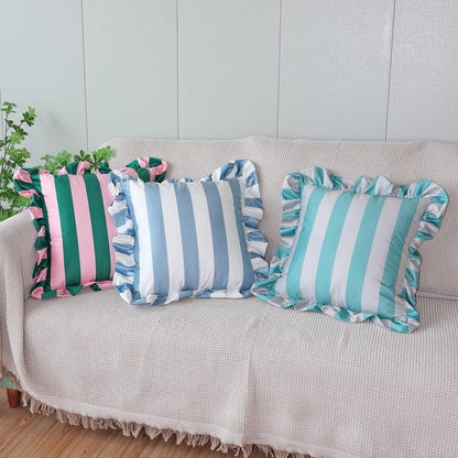 Ruffled Striped Velvet Pillow Covers - Light Blue and White