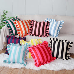 Ruffled Striped Velvet Pillow Covers - Light Blue and White