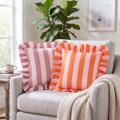 Ruffled Striped Velvet Pillow Covers - Pink and Beige