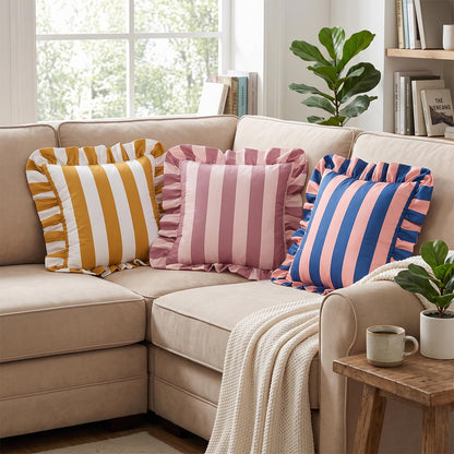 Ruffled Striped Velvet Pillow Covers - Pink and Beige