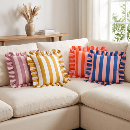 Ruffled Striped Velvet Pillow Covers - Pink and Beige