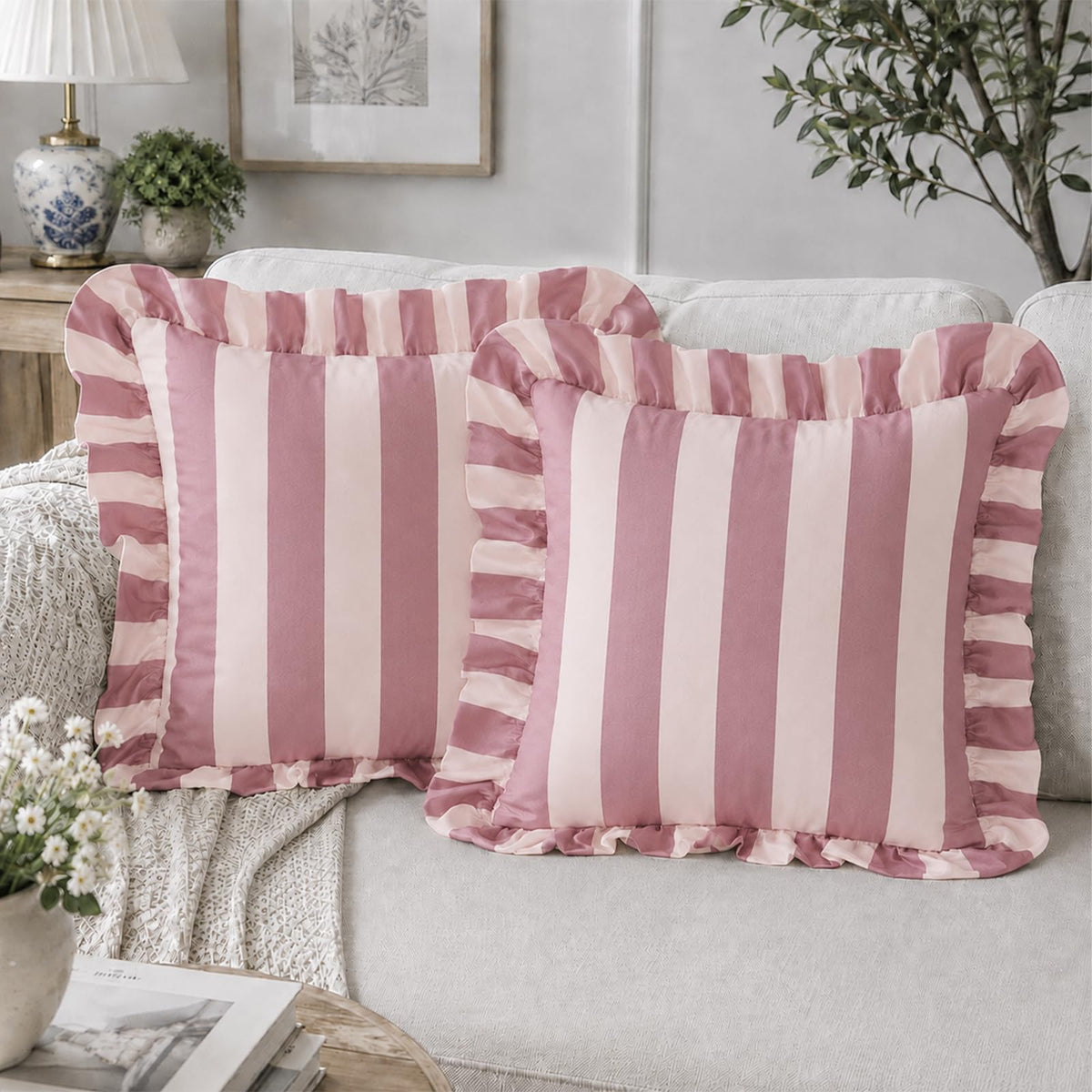 Ruffled Striped Velvet Pillow Covers - Pink and Beige
