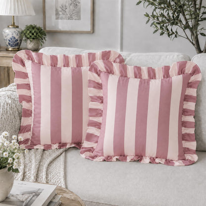 Ruffled Striped Velvet Pillow Covers - Pink and Beige