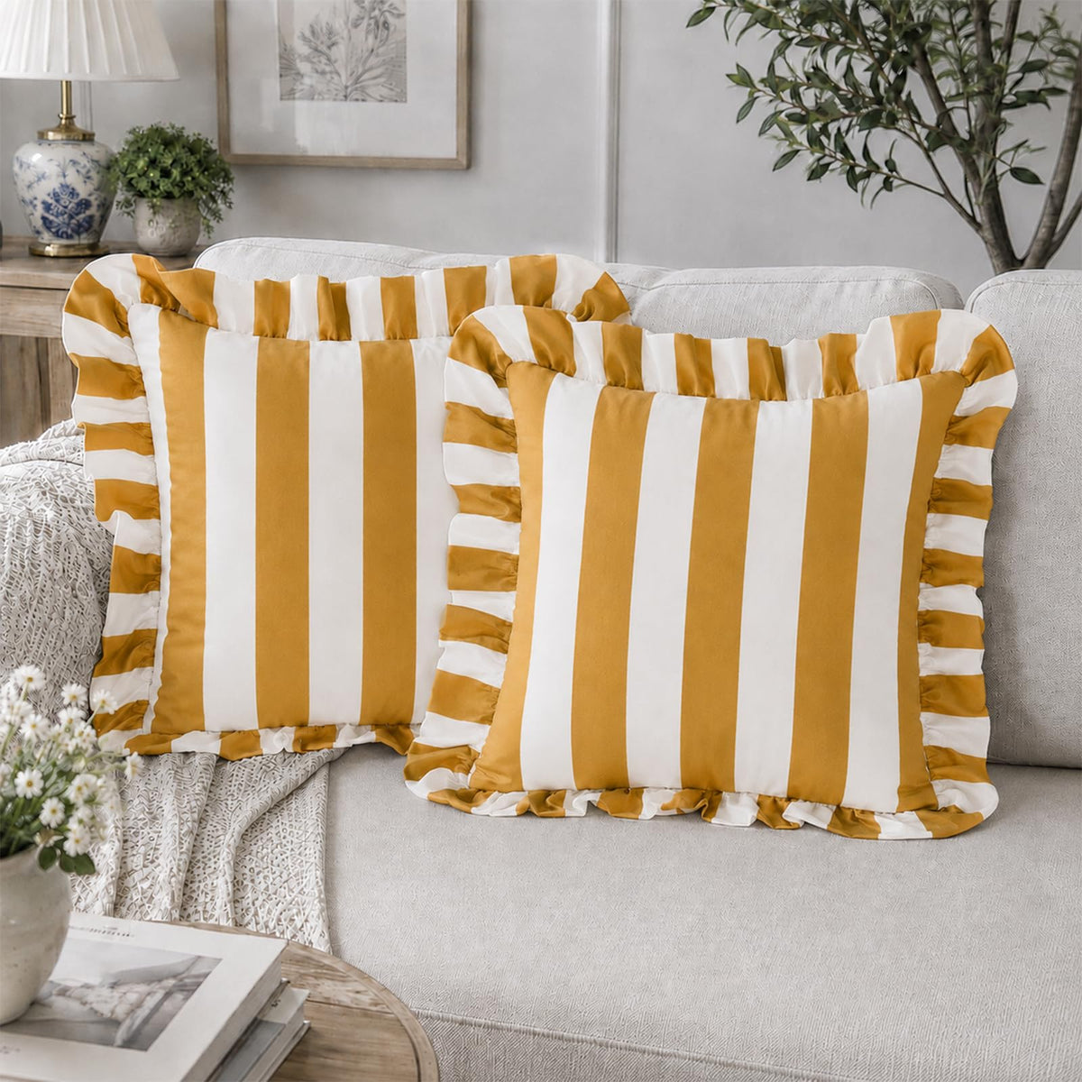 Ruffled Striped Velvet Pillow Covers - Turmeric and White