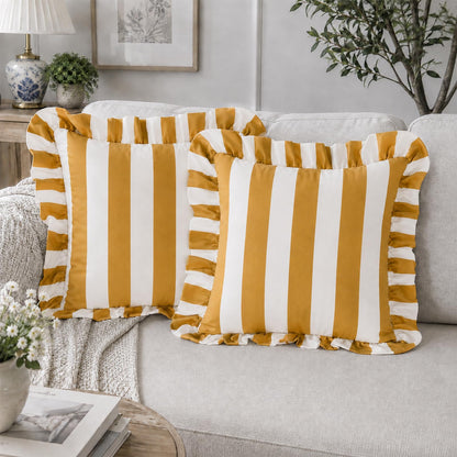 Ruffled Striped Velvet Pillow Covers - Turmeric and White
