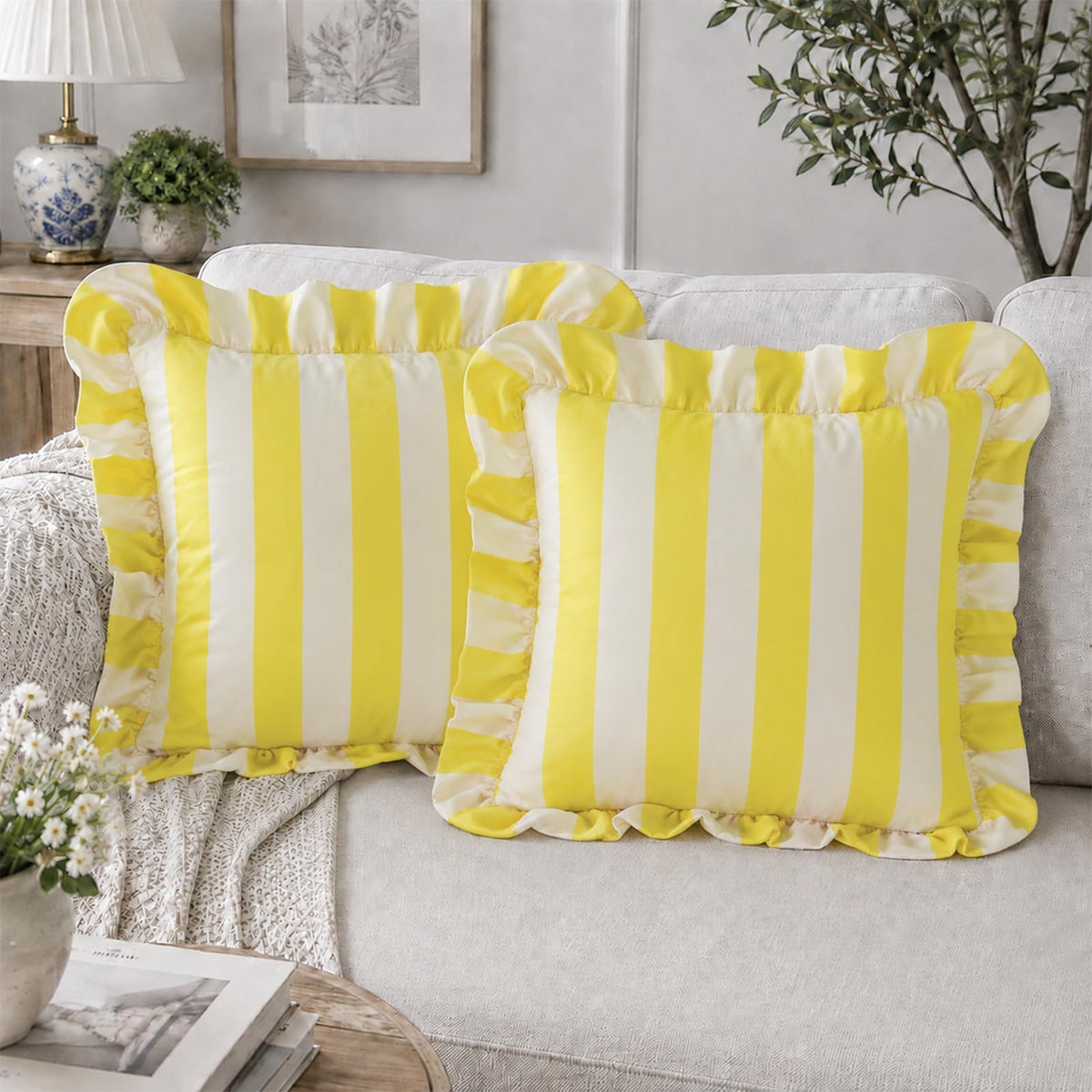 Ruffled Striped Velvet Pillow Covers - Yellow and Beige