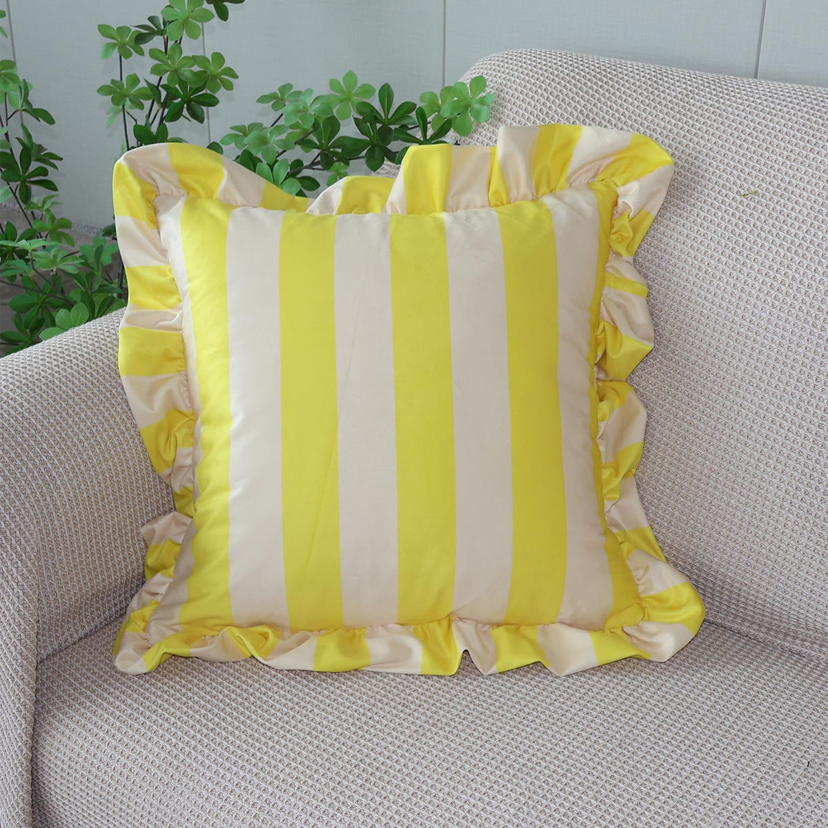Ruffled Striped Velvet Pillow Covers - Yellow and Beige