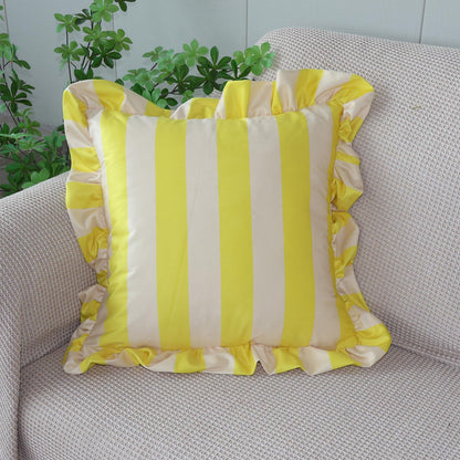 Ruffled Striped Velvet Pillow Covers - Yellow and Beige