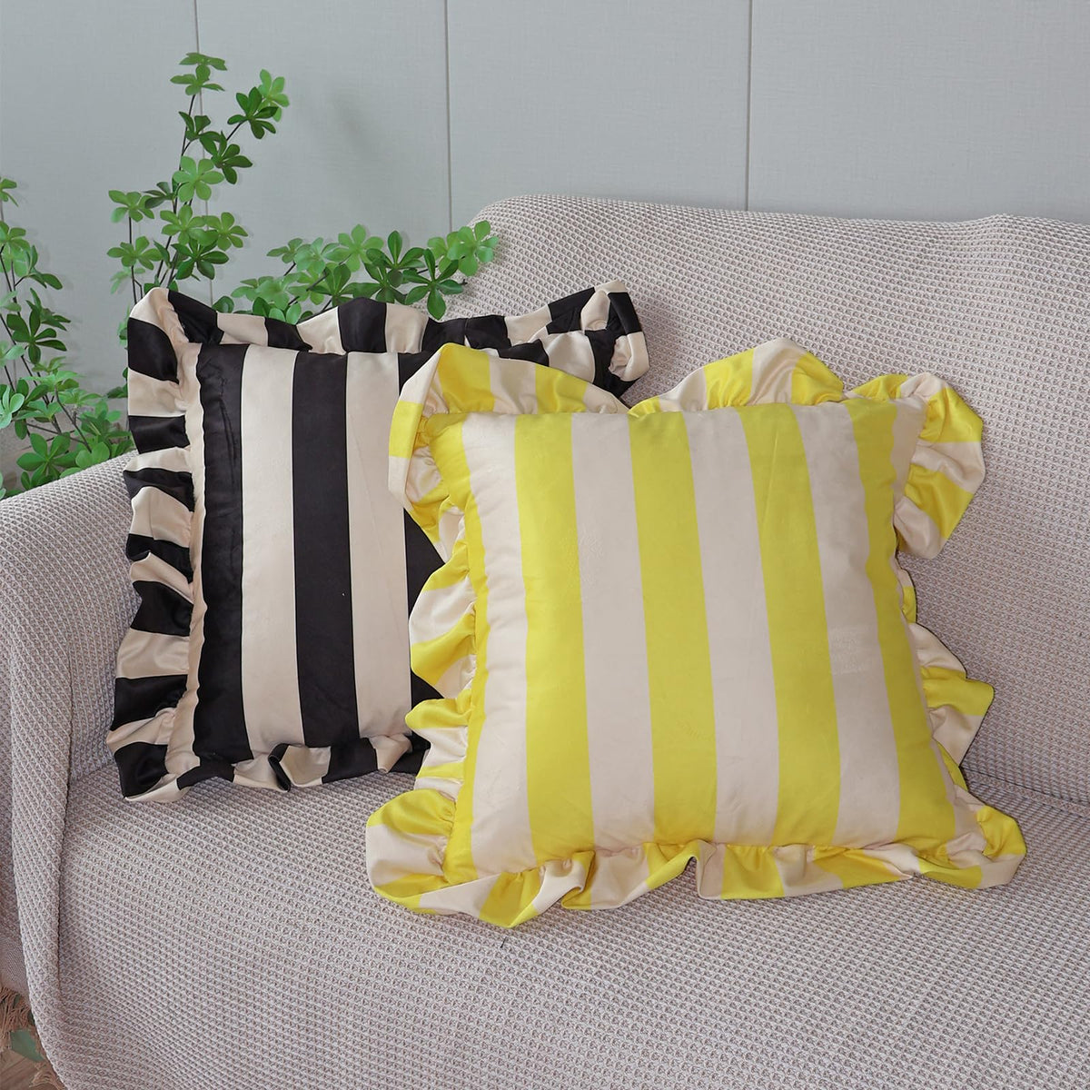Ruffled Striped Velvet Pillow Covers - Yellow and Beige
