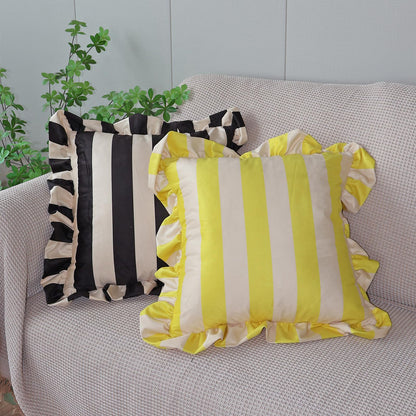 Ruffled Striped Velvet Pillow Covers - Yellow and Beige