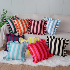 Ruffled Striped Velvet Pillow Covers - Yellow and Beige