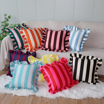 Ruffled Striped Velvet Pillow Covers - Yellow and Beige