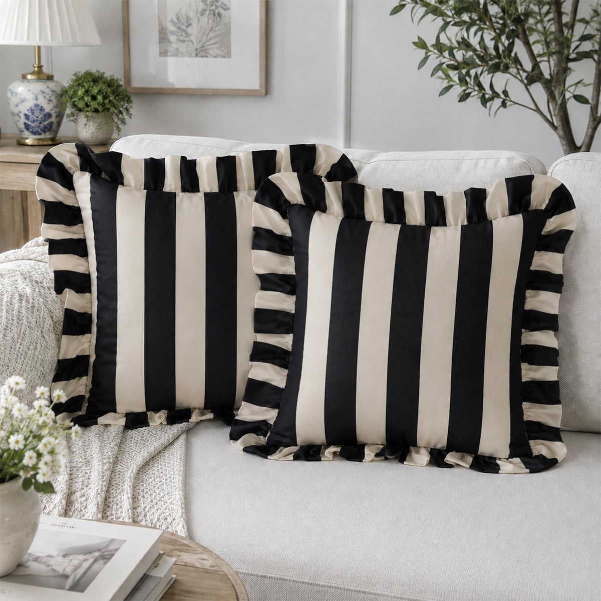 Ruffled Striped Velvet Pillow Covers - Black and Beige
