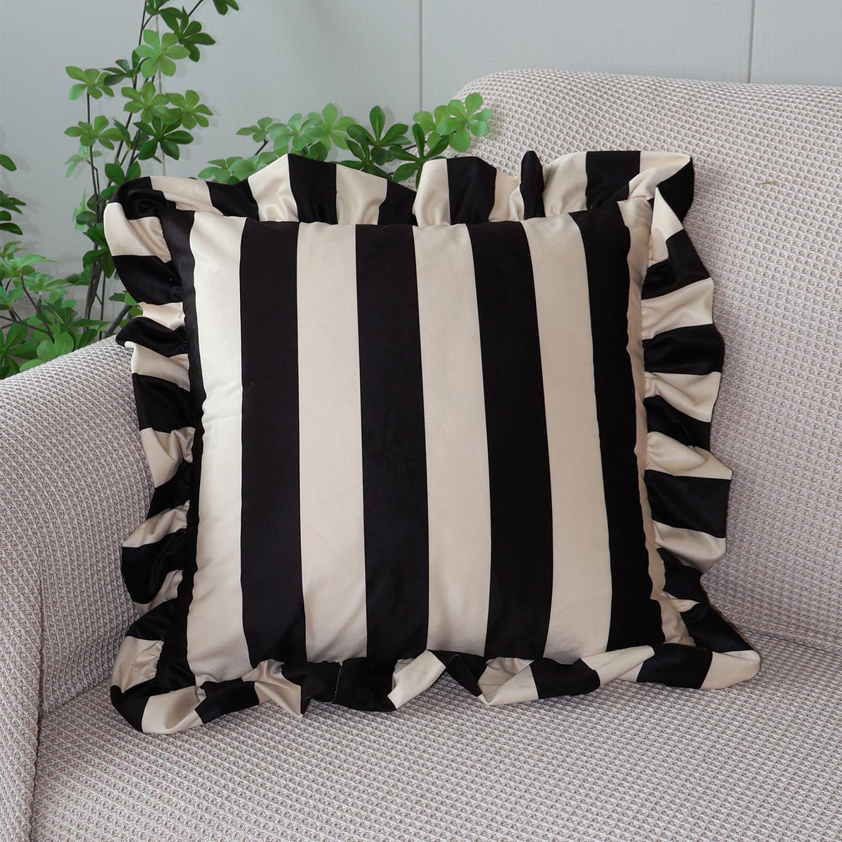 Ruffled Striped Velvet Pillow Covers - Black and Beige