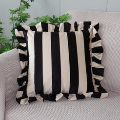 Ruffled Striped Velvet Pillow Covers - Black and Beige