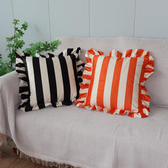 Ruffled Striped Velvet Pillow Covers - Black and Beige