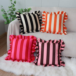 Ruffled Striped Velvet Pillow Covers - Black and Beige