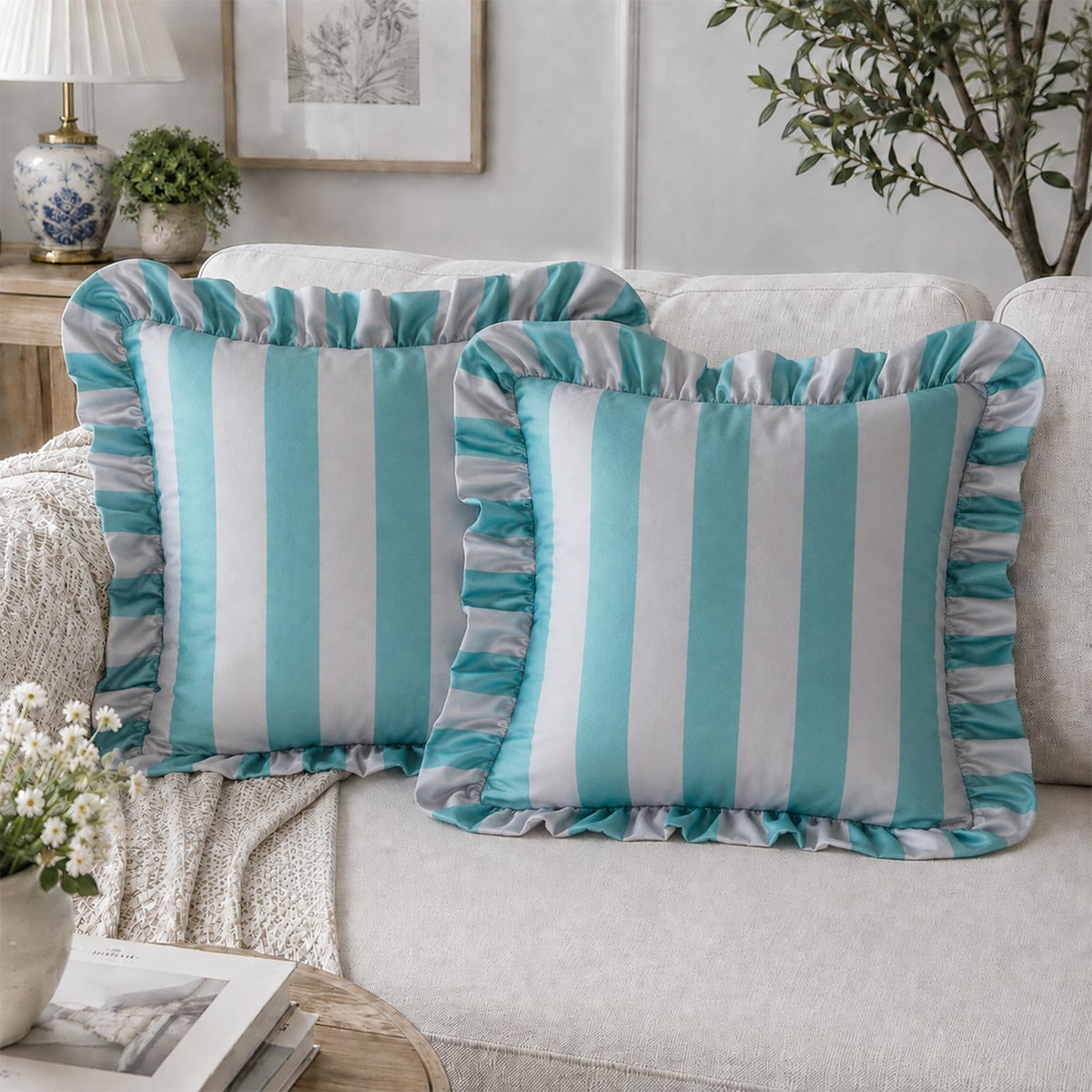 Ruffled Striped Velvet Pillow Covers - Mint Teal and Grey