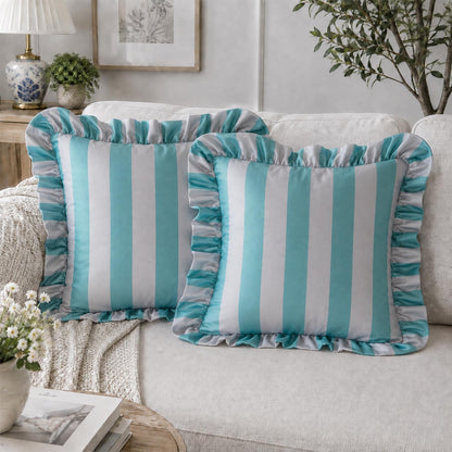 Ruffled Striped Velvet Pillow Covers - Mint Teal and Grey