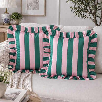 Ruffled Striped Velvet Pillow Covers - Green and Pink
