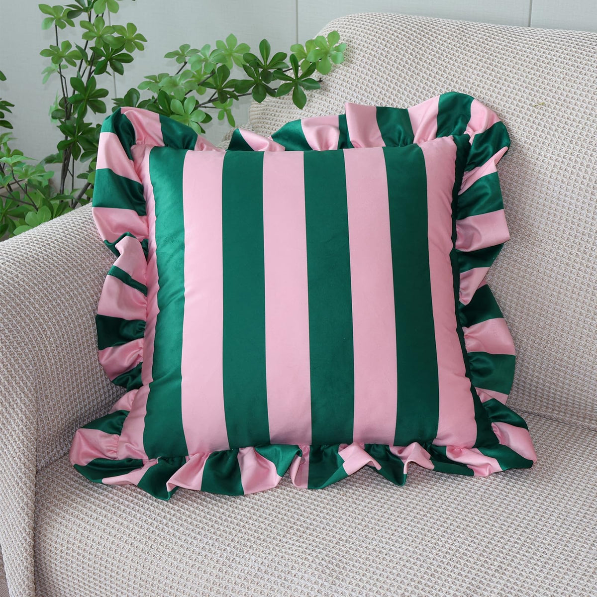 Ruffled Striped Velvet Pillow Covers - Green and Pink