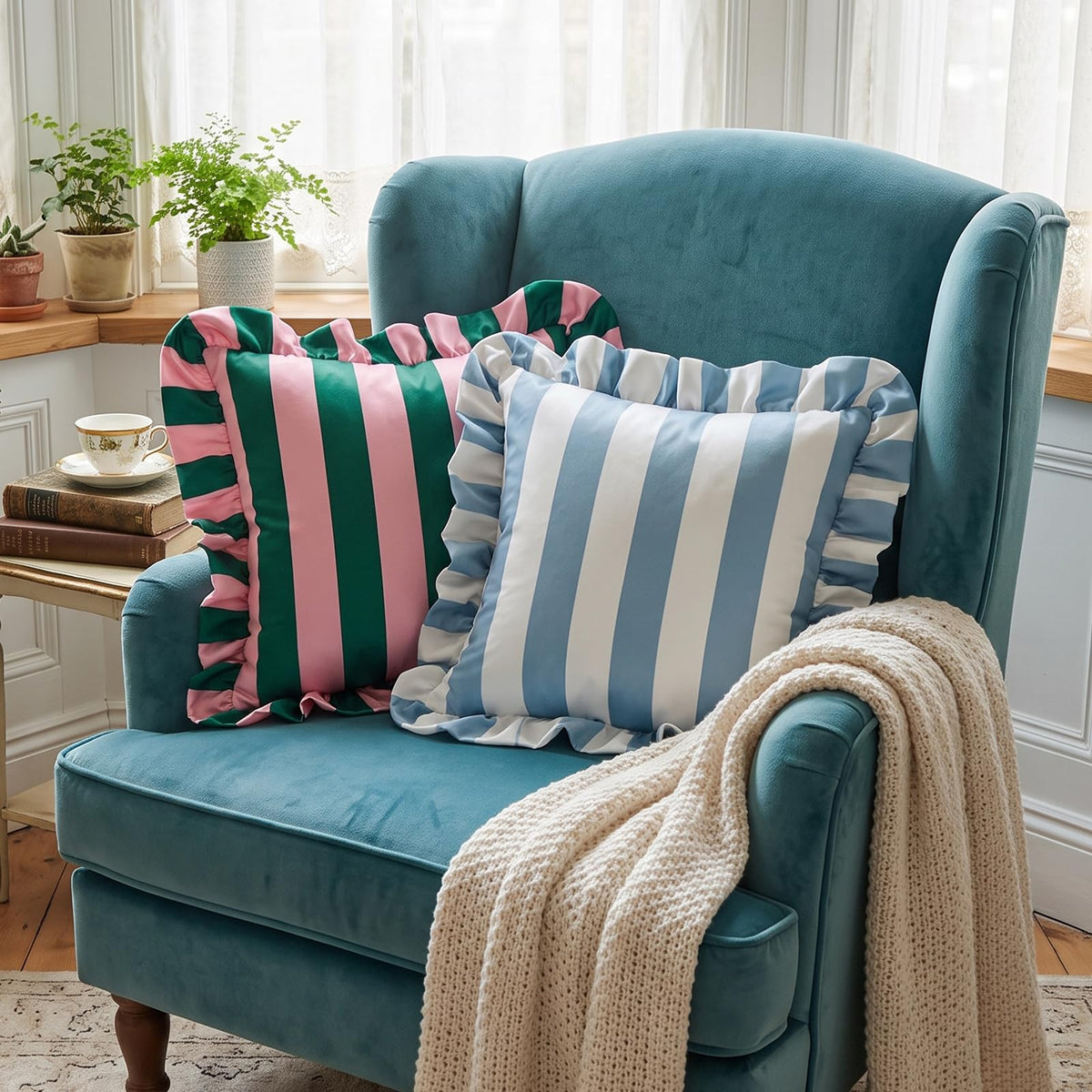 Ruffled Striped Velvet Pillow Covers - Green and Pink