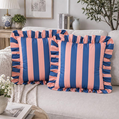 Ruffled Striped Velvet Pillow Covers - Blue and Pink