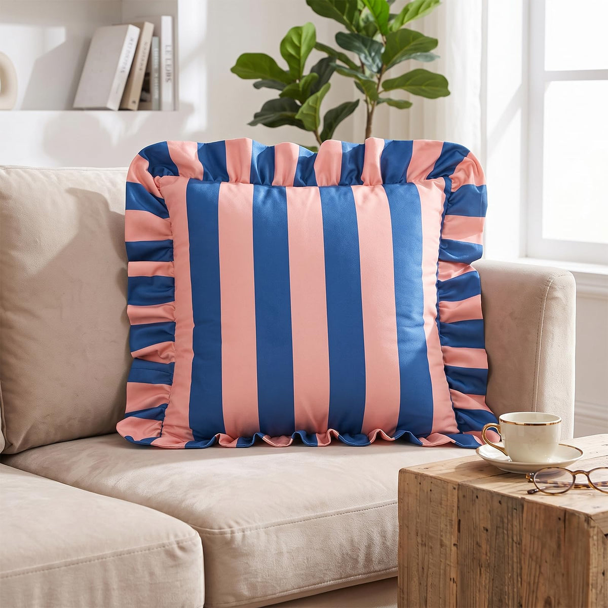 Ruffled Striped Velvet Pillow Covers - Blue and Pink